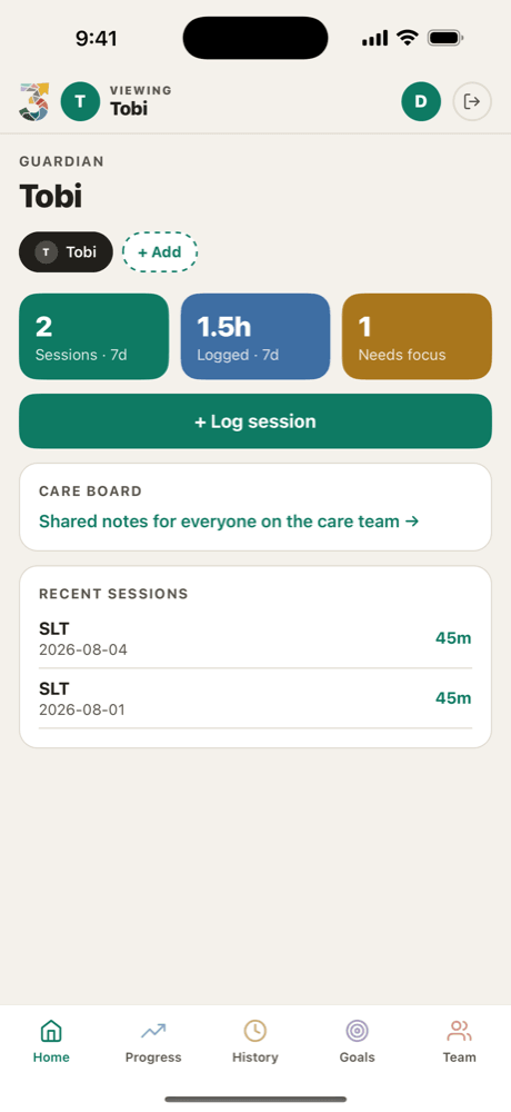 Parent home screen showing sessions this week, hours logged, needs focus, and a Log session button