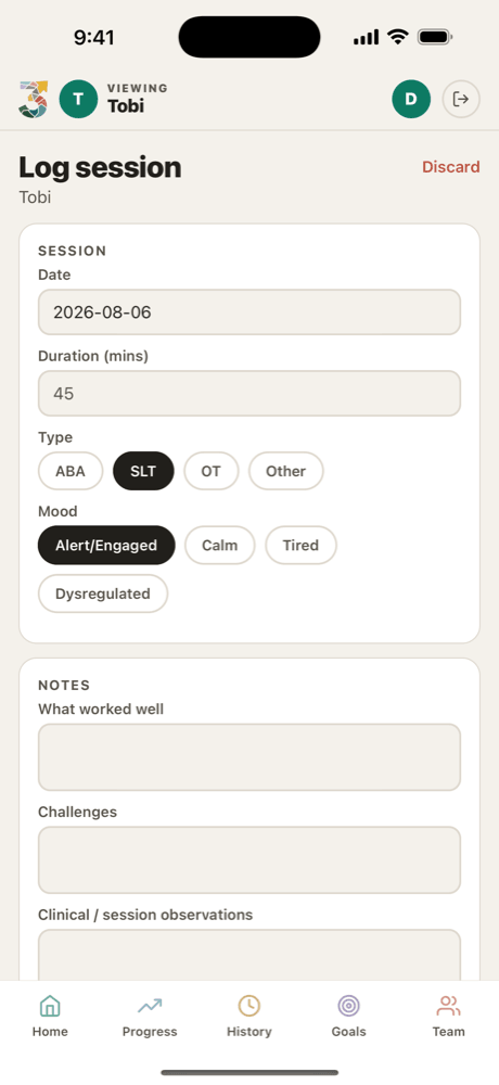 Log session screen: date, 45 minutes, session type chips for ABA, SLT, OT, mood chips, and notes fields