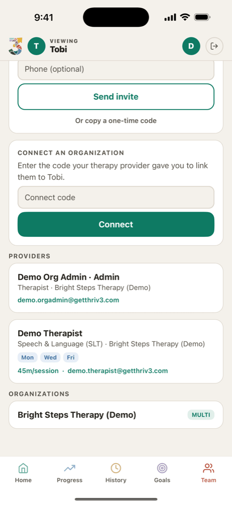 Care team screen listing an org admin, a speech therapist on Mon, Wed, Fri, and a connected organisation
